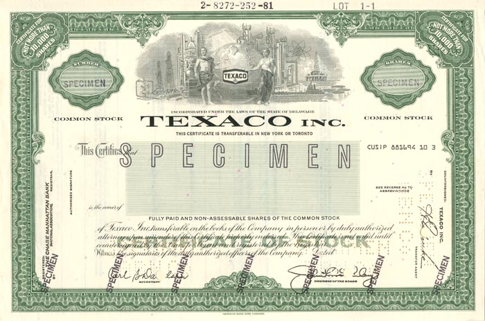 Texaco Inc. - Specimen Stock Certificate